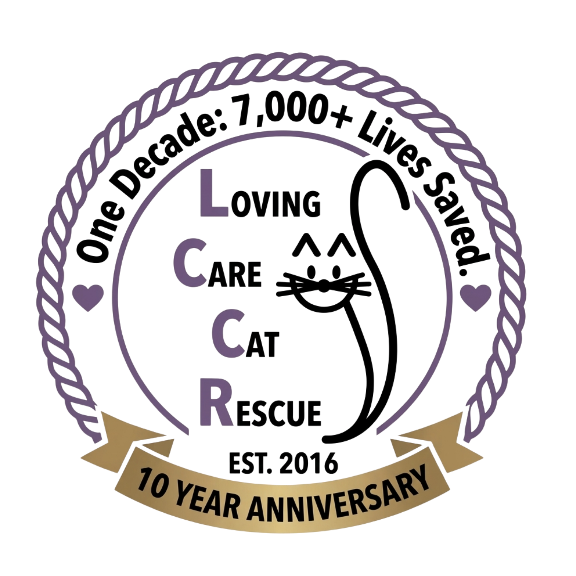 One Decade: 7,000+ Lives Saved. Loving Care Cat Rescue. Established 2016. 10 Year Anniversary.